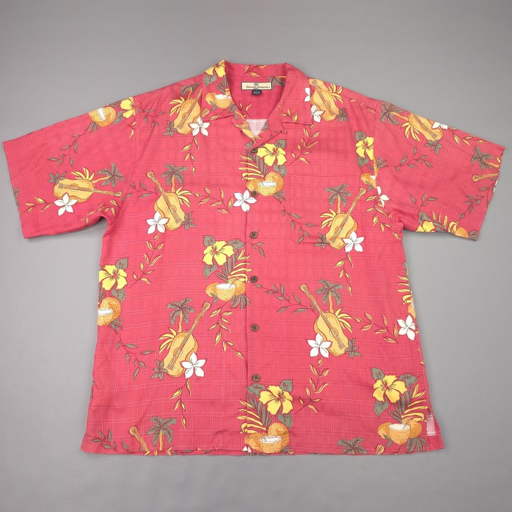 Tommy Bahama Shirt Mens Large Pink Floral Silk Hawaiian Short Sleeve Aloha Camp